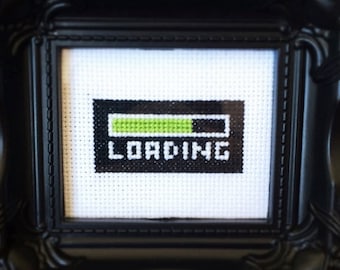 Loading Cross Stitch PDF Pattern - Immediate Download from Etsy - Geek Black / Green Computer Tech Loading Bar