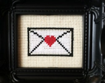 Sent With Love Printable Cross Stitch Pattern (PDF) - Immediate Download from Etsy - Red Heart on Envelope Letter Needle Craft