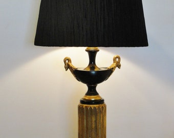 Vintage European Style Black and Gold Table Lamp Gold Plaster Column Urn Upper Stem Flanked with Gold Swans. Beautiful and Unique.