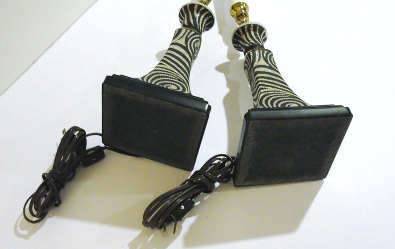 Pair of Unique Candlestick Table Lamps Accent Lighting in Black and White Swirl Design Ceramic Base and Brass Accents image 7