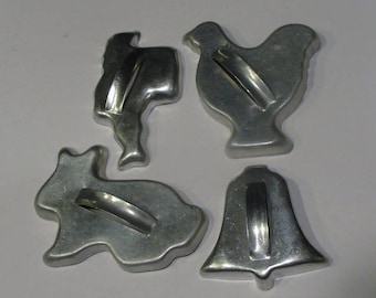Mid Century Aluminum Cookie Cutters Christmas and Easter Santa, Bell, Bunny, Chicken with handles