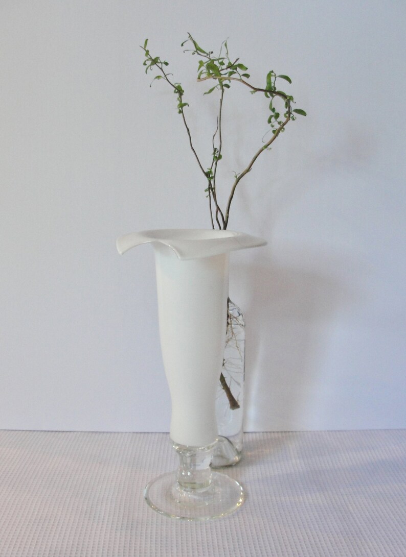 Tall White Glass Vase With Clear Glass Pedestal Etsy