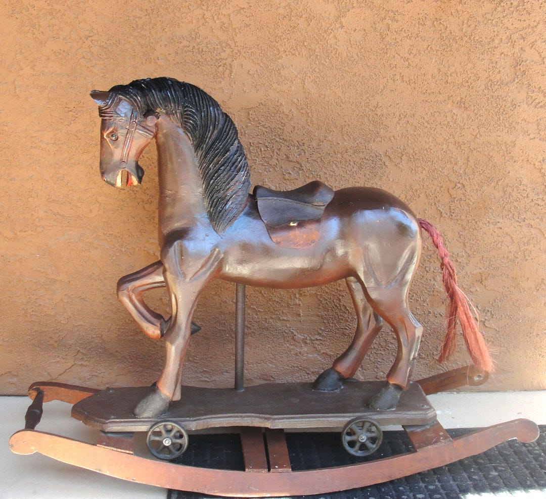 Antique Wood Rocking Horse on Removable Wheeled Platform Wooden Pull Toy  Horse Collectible Antique