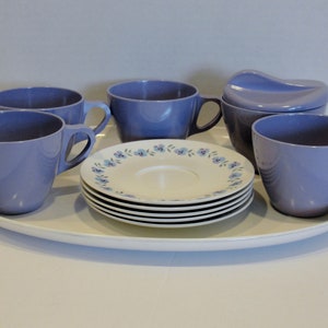 Forget Me Not Melmac Dinnerware dish Set 4 Place Settings in White and Lilac colors image 4