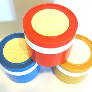 Lunchbox Thermos Hot or Cold Jars.  One Red, Gold and a Blue Thermos. Hot Cold Thermos Soup/Fruit Containers for taking a lunch