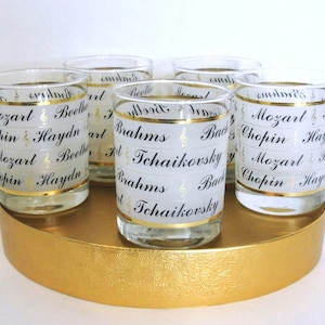 Set of 5 Albert Elovitz, Inc Rock Glasses with Composers of the Past Written all around the Glass  Music Lovers Styled Barware