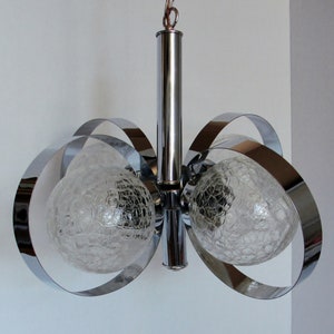 Glass and Chrome Chandelier with Four Lamps and Chrome Bands 1970s Era