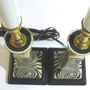 Pair of Unique Candlestick Table Lamps Accent Lighting in Black and White Swirl Design Ceramic Base and Brass Accents image 9