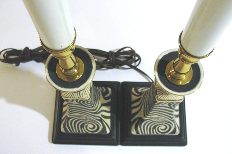Pair of Unique Candlestick Table Lamps Accent Lighting in Black and White Swirl Design Ceramic Base and Brass Accents image 9