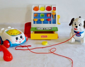 Fisher Price Toddler Toys Cash Register and Coins  Pull Toy Dog and Pull Toy Telephone