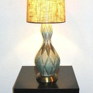 Mid Century Pottery Lamp with Aqua and Gold Diamond Pattern with Brass Bass in Ceramic