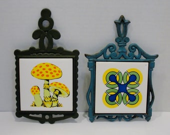 Kitchen Trivets with Bright Graphics in Design and Mushrooms from the 1970s