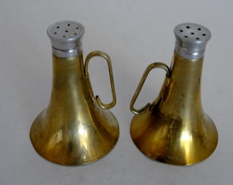 Vintage Brass Horn Salt and Pepper Shakers with Glass Inserts and Aluminum Caps