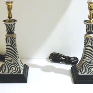 Pair of Unique Candlestick Table Lamps Accent Lighting in Black and White Swirl Design Ceramic Base and Brass Accents image 6