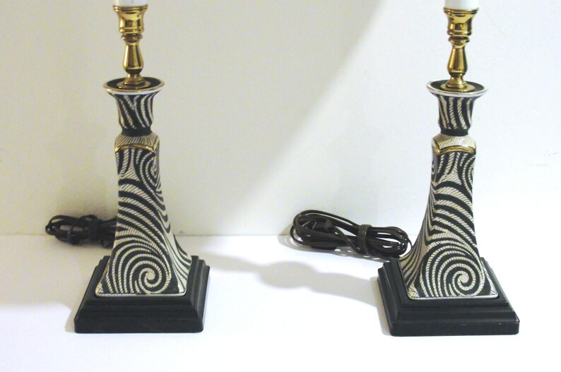 Pair of Unique Candlestick Table Lamps Accent Lighting in Black and White Swirl Design Ceramic Base and Brass Accents image 6