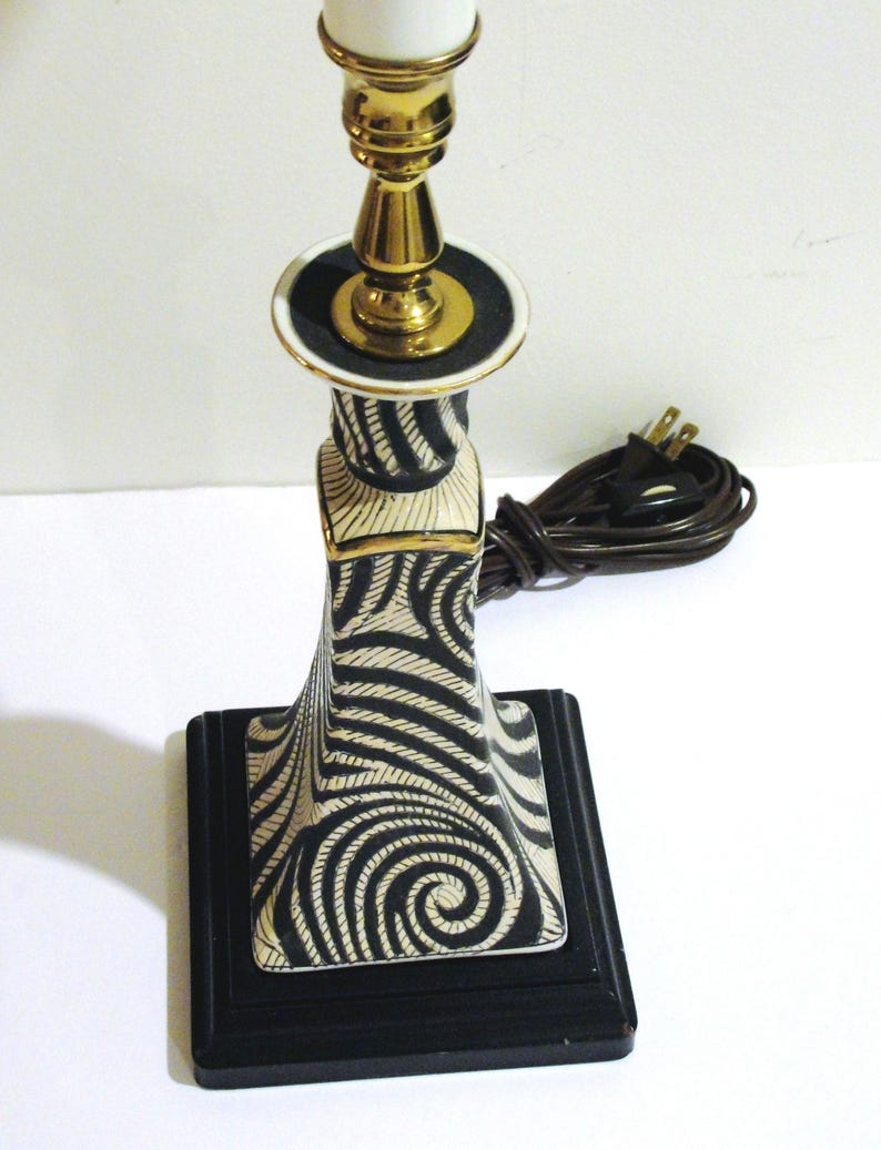 Pair of Unique Candlestick Table Lamps Accent Lighting in Black and White Swirl Design Ceramic Base and Brass Accents image 5