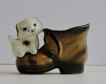 1940s Toothpick Holder Dog on a Shoe or Boot in fine porcelain with Big eyed puppy dog Brown Shoe White puppy with spots and blue eyes