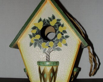 Hand Painted Bird House Decor with Fruit Trees of Lemons Apples and Pears in Miniature Planters