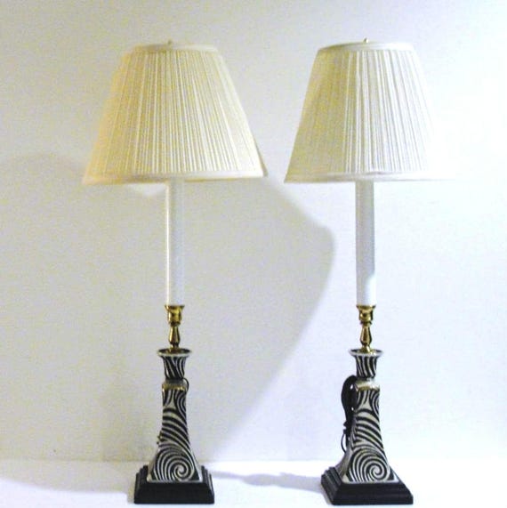 Pair of Unique Candlestick Table Lamps Accent Lighting in Black and White Swirl Design Ceramic Base and Brass Accents