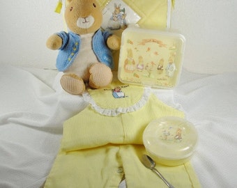 Vintage Nursery Gift Set Peter Rabbit Overalls Diaper Bag Food Set and Peter the Rabbit Plush