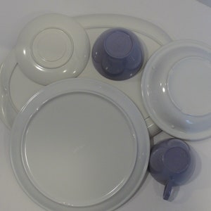 Forget Me Not Melmac Dinnerware dish Set 4 Place Settings in White and Lilac colors image 8