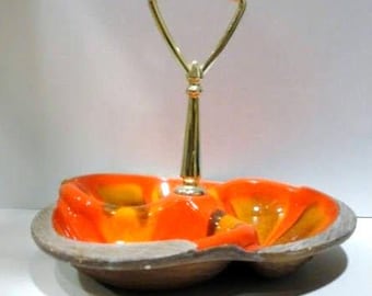 Mid Century Serving Dish Three Part Tray in Bright Orange Swirl Ceramic Serving Dish