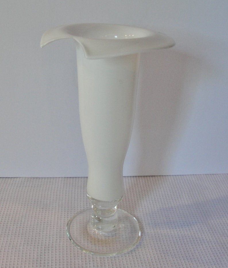 Tall White Glass Vase With Clear Glass Pedestal Etsy