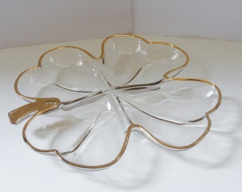 Vintage glazen verdeler Dienblad in de vorm van een klavertje vier met gouden accenten