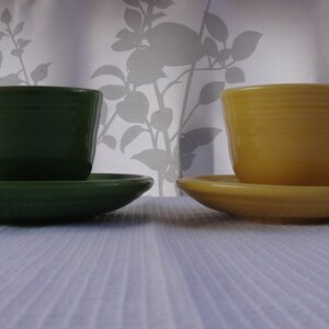 Set of 2 Fiesta Ware Tea Cups and Saucers Green Fiesta ware Yellow Fiesta Ware