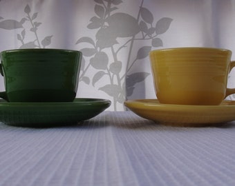 Set of 2 Fiesta Ware Tea Cups and Saucers Green Fiesta ware Yellow Fiesta Ware