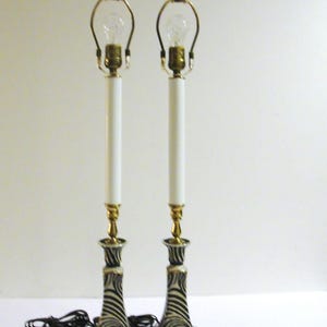 Pair of Unique Candlestick Table Lamps Accent Lighting in Black and White Swirl Design Ceramic Base and Brass Accents image 10