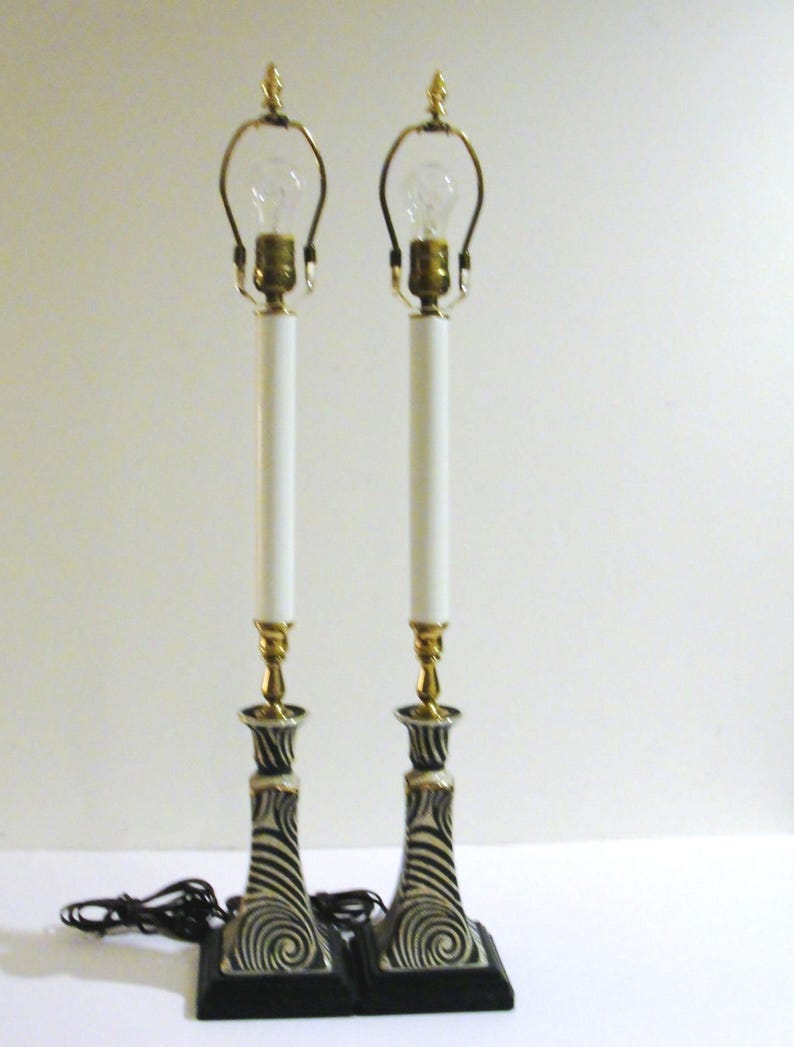 Pair of Unique Candlestick Table Lamps Accent Lighting in Black and White Swirl Design Ceramic Base and Brass Accents image 10