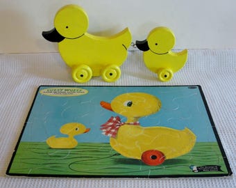 Vintage Nursery room fun. 1961 Fuzzy Wuzzy Duck Flocked Puzzle  Handmade Wood Duck Toys