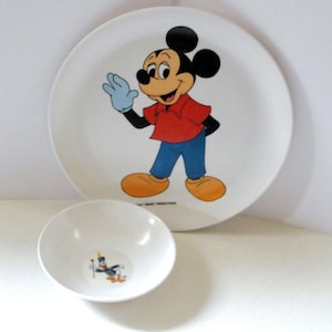 Vintage Walt Disney Themed Mickey Mouse Plate Donald Duck Bowl Child Place Setting Mickey wearing a polo shirt pants & blue glove Rare