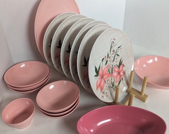 Pink Blossoms Melmac Dinnerware Set 1950s Mid Century BoontonWare