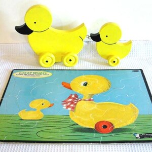 Vintage Nursery room fun. 1961 Fuzzy Wuzzy Duck Flocked Puzzle  Handmade Wood Duck Toys