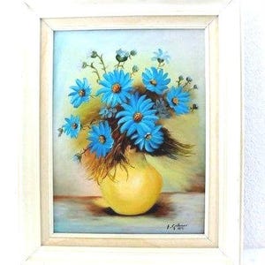Hermoso óleo sobre lienzo firmado, arte original Margaritas azules, firmado por el artista F. Galasso