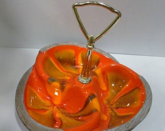 Mid Century Serving Dish Three Part Tray in Bright Orange Swirl Ceramic Serving Dish