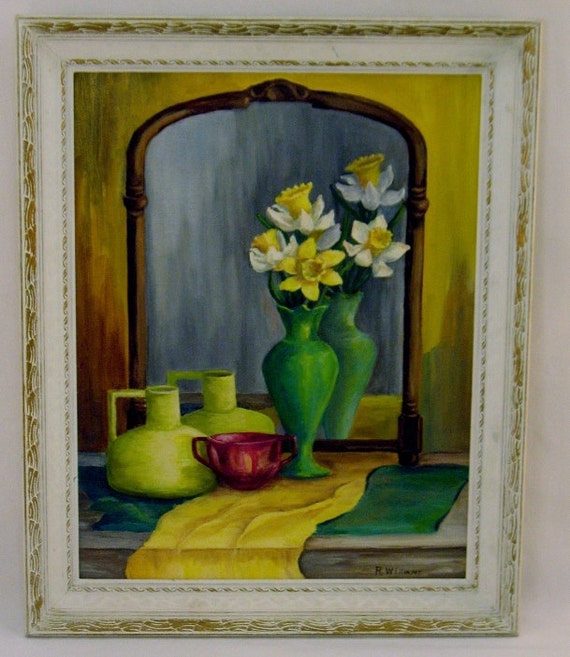 Oil on Canvas Gorgeous Green Vase With Jonquils Original Art