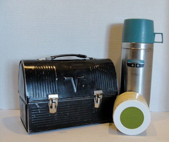 Porta pranzo vintage in acciaio, thermos per caffè e thermos per