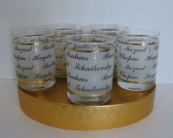 Set of 5 Albert Elovitz, Inc Rock Glasses with Composers of the Past Written all around the Glass  Music Lovers Styled Barware