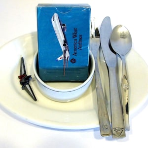 Vintage Airline Collectibles American Airlines China Bowl American West Card Deck American Airline Wing Pin Delta Knife Northwest Fork