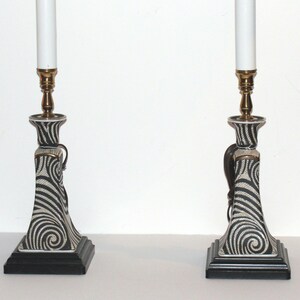 Pair of Unique Candlestick Table Lamps Accent Lighting in Black and White Swirl Design Ceramic Base and Brass Accents image 3