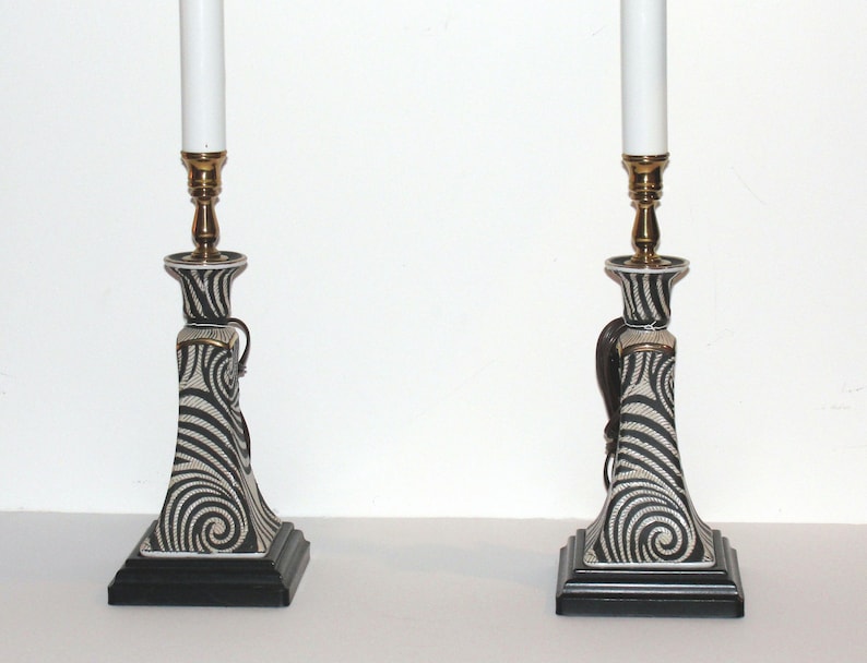 Pair of Unique Candlestick Table Lamps Accent Lighting in Black and White Swirl Design Ceramic Base and Brass Accents image 3