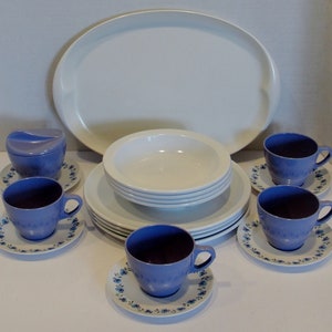 Forget Me Not Melmac Dinnerware dish Set 4 Place Settings in White and Lilac colors
