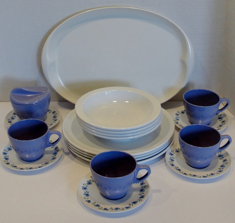 Forget Me Not Melmac Dinnerware dish Set 4 Place Settings in White and Lilac colors image 1