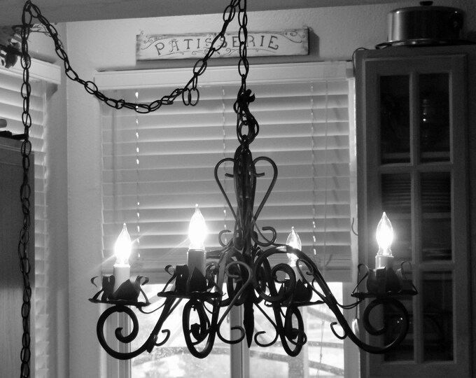 Antique Black Wrought Iron Chandelier Electric Candlelight Rustic