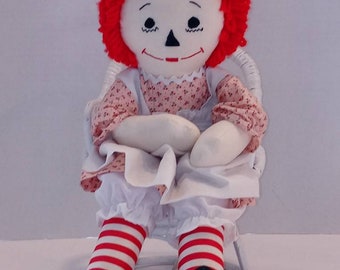 Raggedy Ann Soft Doll and White Wicker Rattan Chair