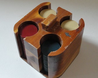 Poker Chip Caddy Antique Cedar Wood Carved with Bakelite Poker Chips Antique Game Pieces