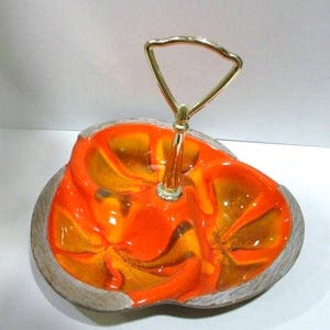 Mid Century Serving Dish Three Part Tray in Bright Orange Swirl Ceramic Serving Dish